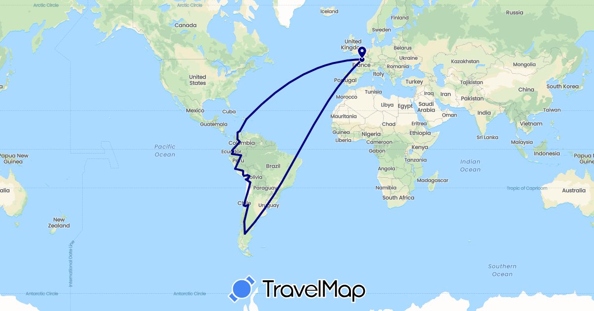 TravelMap itinerary: driving in Argentina, Bolivia, Chile, Colombia, Dominican Republic, Ecuador, France, Peru (Europe, North America, South America)