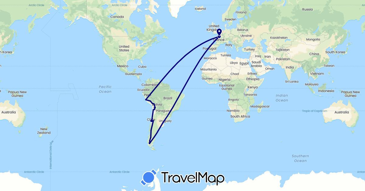 TravelMap itinerary: driving in Argentina, Bolivia, Chile, France, Peru (Europe, South America)